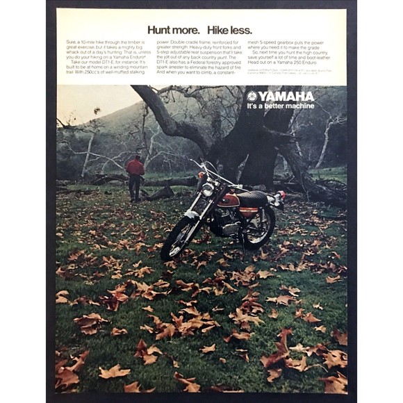 1971 Yamaha DR1-E 250 Enduro Motorcycle photo "Hunt More. Hike Less" print ad - Picture 1 of 1